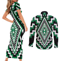 Green Aotearoa Taniko Poutama Patikitiki Couples Matching Short Sleeve Bodycon Dress and Long Sleeve Button Shirt