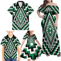 Green Aotearoa Taniko Poutama Patikitiki Family Matching Off Shoulder Maxi Dress and Hawaiian Shirt LT14 - Polynesian Pride
