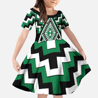 Green Aotearoa Taniko Poutama Patikitiki Family Matching Tank Maxi Dress and Hawaiian Shirt LT14 Daughter's Dress Green - Polynesian Pride