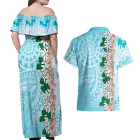 Cook Islands Tiare Maori With Conch Shell Couples Matching Off Shoulder Maxi Dress and Hawaiian Shirt Pasifika Fest Polynesian Tattoo Turquoise
