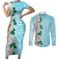 Cook Islands Tiare Maori With Conch Shell Couples Matching Short Sleeve Bodycon Dress and Long Sleeve Button Shirt Pasifika Fest Polynesian Tattoo Turquoise