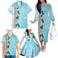 Cook Islands Tiare Maori With Conch Shell Family Matching Off The Shoulder Long Sleeve Dress and Hawaiian Shirt Pasifika Fest Polynesian Tattoo Turquoise LT14 - Polynesian Pride