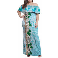 Cook Islands Tiare Maori With Conch Shell Family Matching Off Shoulder Maxi Dress and Hawaiian Shirt Pasifika Fest Polynesian Tattoo Turquoise LT14 Mom's Dress Turquoise - Polynesian Pride