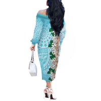 Cook Islands Tiare Maori With Conch Shell Off The Shoulder Long Sleeve Dress Pasifika Fest Polynesian Tattoo Turquoise
