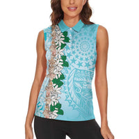 Cook Islands Tiare Maori With Conch Shell Women Sleeveless Polo Shirt Pasifika Fest Polynesian Tattoo Turquoise LT14 - Polynesian Pride