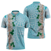 Cook Islands Tiare Maori With Conch Shell Zipper Polo Shirt Pasifika Fest Polynesian Tattoo Turquoise