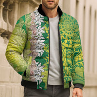 Cook Islands Tiare Maori With Conch Shell Bomber Puffer Jacket Pasifika Fest Polynesian Tattoo Green