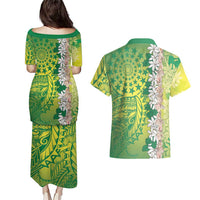 Cook Islands Tiare Maori With Conch Shell Couples Matching Puletasi and Hawaiian Shirt Pasifika Fest Polynesian Tattoo Green