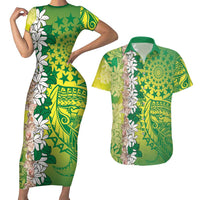 Cook Islands Tiare Maori With Conch Shell Couples Matching Short Sleeve Bodycon Dress and Hawaiian Shirt Pasifika Fest Polynesian Tattoo Green LT14 Green - Polynesian Pride
