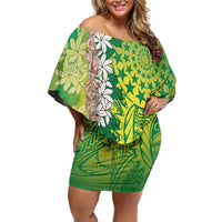 Cook Islands Tiare Maori With Conch Shell Family Matching Off Shoulder Short Dress and Hawaiian Shirt Pasifika Fest Polynesian Tattoo Green LT14 Mom's Dress Green - Polynesian Pride