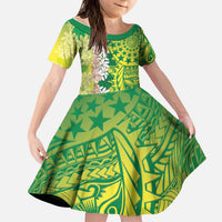 Cook Islands Tiare Maori With Conch Shell Kid Short Sleeve Dress Pasifika Fest Polynesian Tattoo Green