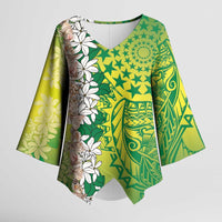 Cook Islands Tiare Maori With Conch Shell Kimono Sleeve Blouse Pasifika Fest Polynesian Tattoo Green