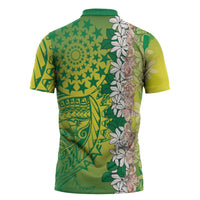 Cook Islands Tiare Maori With Conch Shell Zipper Polo Shirt Pasifika Fest Polynesian Tattoo Green