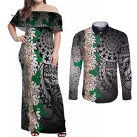 Cook Islands Tiare Maori With Conch Shell Couples Matching Off Shoulder Maxi Dress and Long Sleeve Button Shirt Pasifika Fest Polynesian Tattoo Black