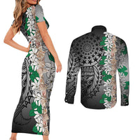 Cook Islands Tiare Maori With Conch Shell Couples Matching Short Sleeve Bodycon Dress and Long Sleeve Button Shirt Pasifika Fest Polynesian Tattoo Black