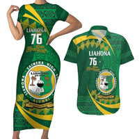 Personalised Tonga Liahona-Saineha High School Couples Matching Short Sleeve Bodycon Dress and Hawaiian Shirt Happy 76 Years Anniversary LT14 Green - Polynesian Pride