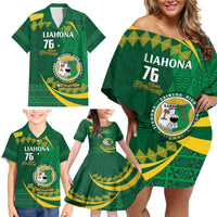 Personalised Tonga Liahona-Saineha High School Family Matching Off Shoulder Short Dress and Hawaiian Shirt Happy 76 Years Anniversary LT14 - Polynesian Pride