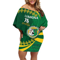 Personalised Tonga Liahona-Saineha High School Family Matching Off Shoulder Short Dress and Hawaiian Shirt Happy 76 Years Anniversary LT14 Mom's Dress Green - Polynesian Pride