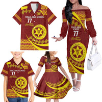 Personalised Tonga High School Family Matching Off The Shoulder Long Sleeve Dress and Hawaiian Shirt Happy 77 Years Anniversary LT14 - Polynesian Pride