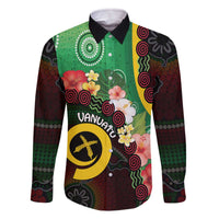 Long God Yumi Stanap Vanuatu Family Matching Off The Shoulder Long Sleeve Dress and Hawaiian Shirt Tropical Flowers Aboriginal Pattern LT14 Dad's Shirt - Long Sleeve Green - Polynesian Pride