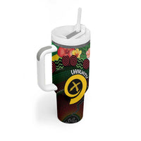 Long God Yumi Stanap Vanuatu Tumbler With Handle Tropical Flowers Aboriginal Pattern