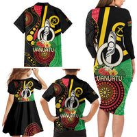Tamtam Drum Vanuatu Family Matching Long Sleeve Bodycon Dress and Hawaiian Shirt Boar Tusk Aboriginal Flag Style LT14 - Polynesian Pride