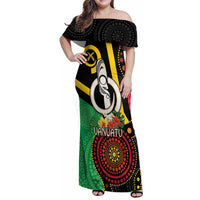Tamtam Drum Vanuatu Family Matching Off Shoulder Maxi Dress and Hawaiian Shirt Boar Tusk Aboriginal Flag Style LT14 Mom's Dress Black - Polynesian Pride