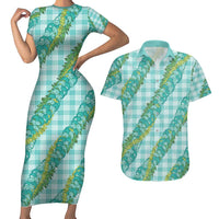 Hawaii Jade Vine Lei Couples Matching Short Sleeve Bodycon Dress and Hawaiian Shirt Aloha Palaka Motif - Turquoise LT14 Turquoise - Polynesian Pride