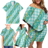 Hawaii Jade Vine Lei Family Matching Off Shoulder Short Dress and Hawaiian Shirt Aloha Palaka Motif - Turquoise LT14 - Polynesian Pride