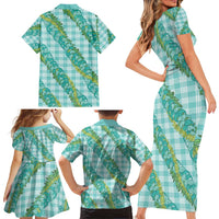 Hawaii Jade Vine Lei Family Matching Short Sleeve Bodycon Dress and Hawaiian Shirt Aloha Palaka Motif - Turquoise LT14 - Polynesian Pride