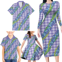 Hawaii Jade Vine Lei Family Matching Long Sleeve Bodycon Dress and Hawaiian Shirt Aloha Palaka Motif - Purple LT14 - Polynesian Pride