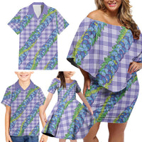 Hawaii Jade Vine Lei Family Matching Off Shoulder Short Dress and Hawaiian Shirt Aloha Palaka Motif - Purple LT14 - Polynesian Pride