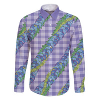 Hawaii Jade Vine Lei Family Matching Off Shoulder Short Dress and Hawaiian Shirt Aloha Palaka Motif - Purple LT14 Dad's Shirt - Long Sleeve Purple - Polynesian Pride