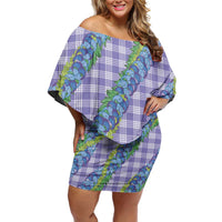 Hawaii Jade Vine Lei Family Matching Off Shoulder Short Dress and Hawaiian Shirt Aloha Palaka Motif - Purple LT14 Mom's Dress Purple - Polynesian Pride