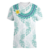 Jade Vine Lei Hawaii Women V-Neck T-Shirt Aloha Seamless Tropical Leaves LT14 Female White - Polynesian Pride