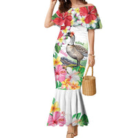 Aloha Hawaii Nene Goose Family Matching Mermaid Dress and Hawaiian Shirt Tropical Flowers Watercolor Stylized LT14 Mom's Dress White - Polynesian Pride