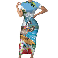 Aloha Hawaii Shaka Nene Goose Family Matching Short Sleeve Bodycon Dress and Hawaiian Shirt Surfing Take It Easy LT14 Mom's Dress Blue - Polynesian Pride