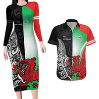 New Zealand and Wales Rugby Custom Couples Matching Long Sleeve Bodycon Dress and Hawaiian Shirt Aotearoa All Black Combine Welsh Dragon LT14 Black - Polynesian Pride