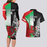 New Zealand and Wales Rugby Custom Couples Matching Long Sleeve Bodycon Dress and Hawaiian Shirt Aotearoa All Black Combine Welsh Dragon LT14 - Polynesian Pride