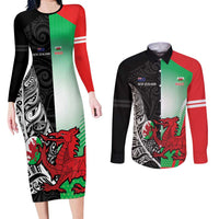 New Zealand and Wales Rugby Custom Couples Matching Long Sleeve Bodycon Dress and Long Sleeve Button Shirt Aotearoa All Black Combine Welsh Dragon LT14 Black - Polynesian Pride
