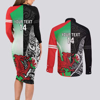 New Zealand and Wales Rugby Custom Couples Matching Long Sleeve Bodycon Dress and Long Sleeve Button Shirt Aotearoa All Black Combine Welsh Dragon LT14 - Polynesian Pride