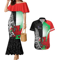 New Zealand and Wales Rugby Custom Couples Matching Mermaid Dress and Hawaiian Shirt Aotearoa All Black Combine Welsh Dragon LT14 Black - Polynesian Pride