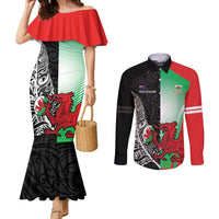 New Zealand and Wales Rugby Custom Couples Matching Mermaid Dress and Long Sleeve Button Shirt Aotearoa All Black Combine Welsh Dragon LT14 Black - Polynesian Pride