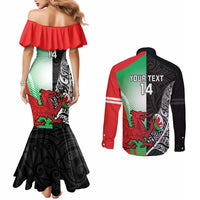 New Zealand and Wales Rugby Custom Couples Matching Mermaid Dress and Long Sleeve Button Shirt Aotearoa All Black Combine Welsh Dragon LT14 - Polynesian Pride