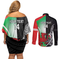New Zealand and Wales Rugby Custom Couples Matching Off Shoulder Short Dress and Long Sleeve Button Shirt Aotearoa All Black Combine Welsh Dragon LT14 - Polynesian Pride