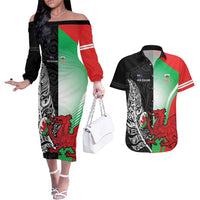 New Zealand and Wales Rugby Custom Couples Matching Off The Shoulder Long Sleeve Dress and Hawaiian Shirt Aotearoa All Black Combine Welsh Dragon LT14 Black - Polynesian Pride