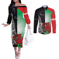 New Zealand and Wales Rugby Custom Couples Matching Off The Shoulder Long Sleeve Dress and Long Sleeve Button Shirt Aotearoa All Black Combine Welsh Dragon LT14 Black - Polynesian Pride