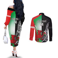 New Zealand and Wales Rugby Custom Couples Matching Off The Shoulder Long Sleeve Dress and Long Sleeve Button Shirt Aotearoa All Black Combine Welsh Dragon LT14 - Polynesian Pride
