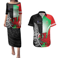 New Zealand and Wales Rugby Custom Couples Matching Puletasi and Hawaiian Shirt Aotearoa All Black Combine Welsh Dragon LT14 Black - Polynesian Pride