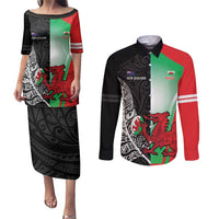 New Zealand and Wales Rugby Custom Couples Matching Puletasi and Long Sleeve Button Shirt Aotearoa All Black Combine Welsh Dragon LT14 Black - Polynesian Pride